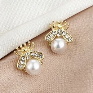 Gold and Pearl Honeybee Stud Earrings